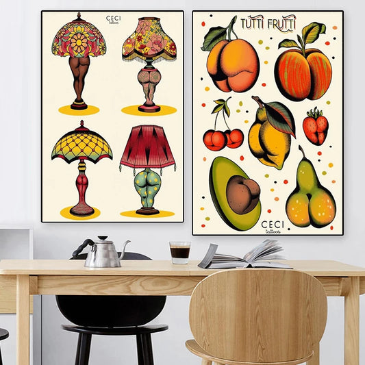 Abstract Sexy Peach Lamp Mushroom Plant Funny Butts Posters Canvas Painting Cute Kitchen Wall Art For Room Home Decoration