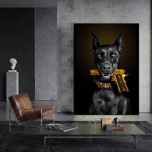 Framed drawing Dog with Gold Gun Posters Prints Luxury Dog Art Canvas Painting Doberman Wall Art Pictures Mural for Living Room