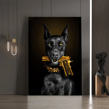 Framed drawing Dog with Gold Gun Posters Prints Luxury Dog Art Canvas Painting Doberman Wall Art Pictures Mural for Living Room